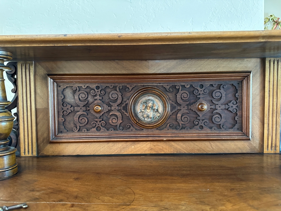 Stunning Antique Victorian Carved Wooden Vertico Cabinet With Three Embossed Copper Portrait Medallions Decorations 43W X 19D X 66.5H [Photo 8]