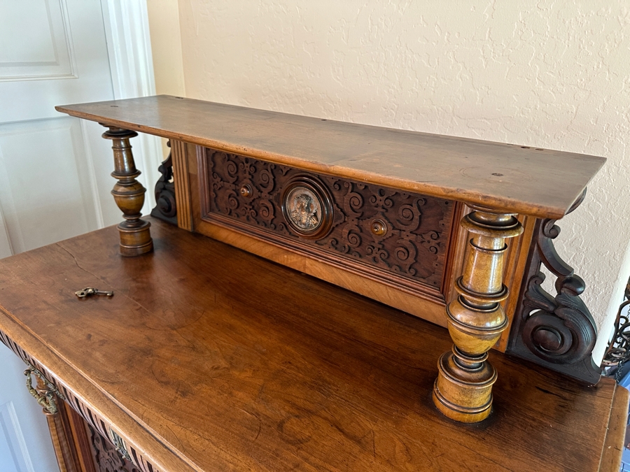 Stunning Antique Victorian Carved Wooden Vertico Cabinet With Three Embossed Copper Portrait Medallions Decorations 43W X 19D X 66.5H [Photo 15]