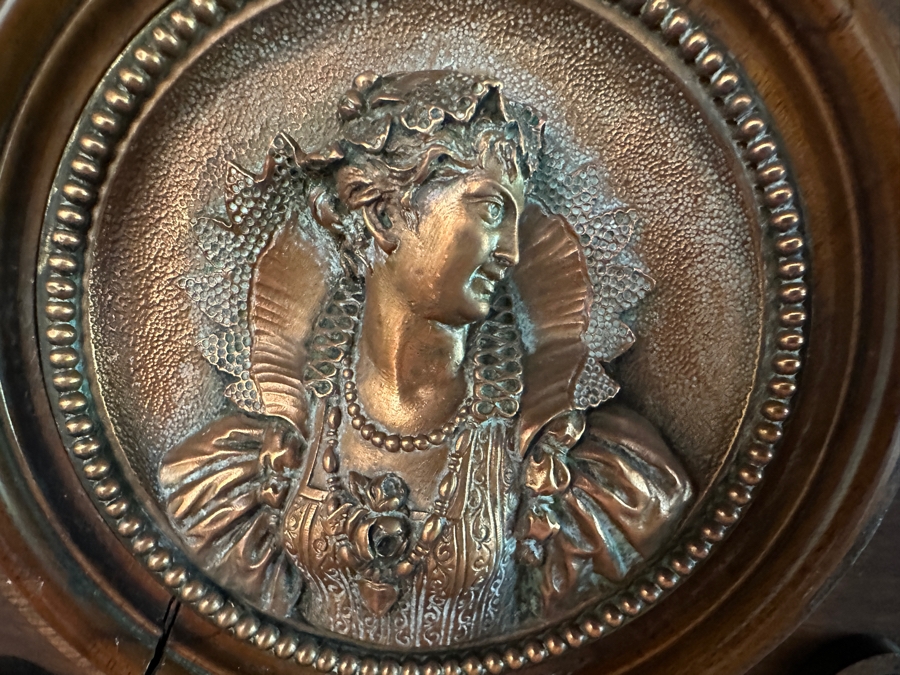 Stunning Antique Victorian Carved Wooden Vertico Cabinet With Three Embossed Copper Portrait Medallions Decorations 43W X 19D X 66.5H [Photo 9]