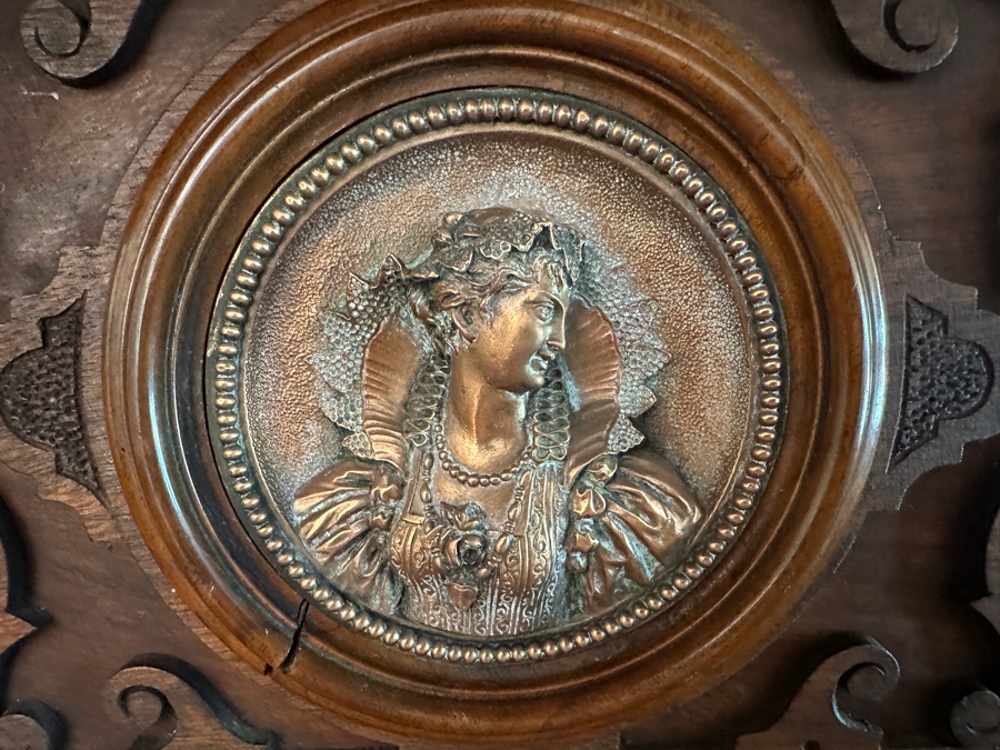 Stunning Antique Victorian Carved Wooden Vertico Cabinet With Three Embossed Copper Portrait Medallions Decorations 43W X 19D X 66.5H [Photo 2]