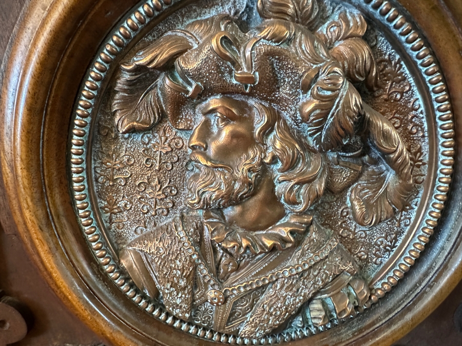 Stunning Antique Victorian Carved Wooden Vertico Cabinet With Three Embossed Copper Portrait Medallions Decorations 43W X 19D X 66.5H [Photo 12]