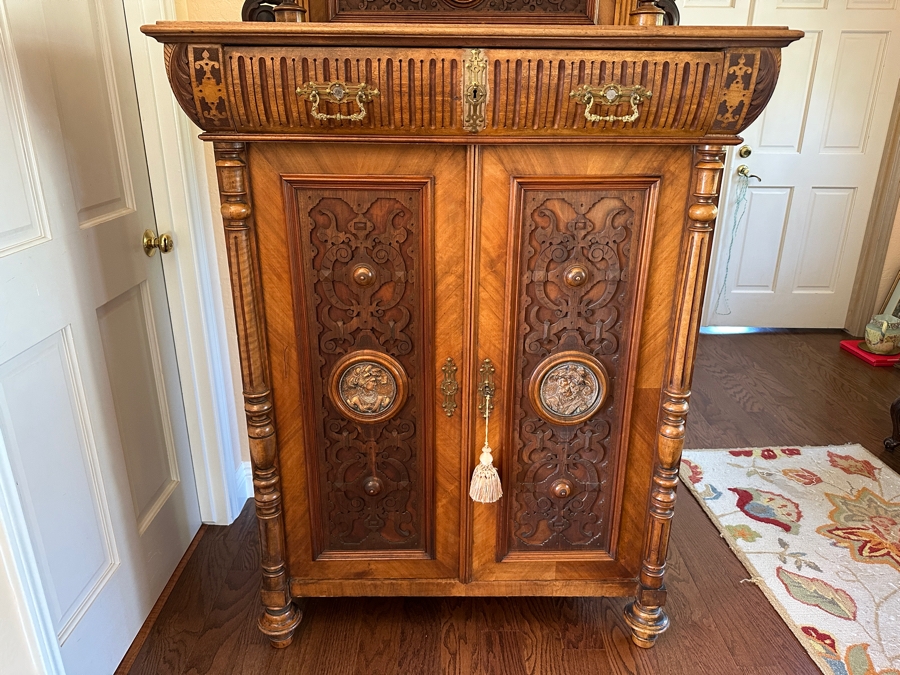 Stunning Antique Victorian Carved Wooden Vertico Cabinet With Three Embossed Copper Portrait Medallions Decorations 43W X 19D X 66.5H [Photo 10]
