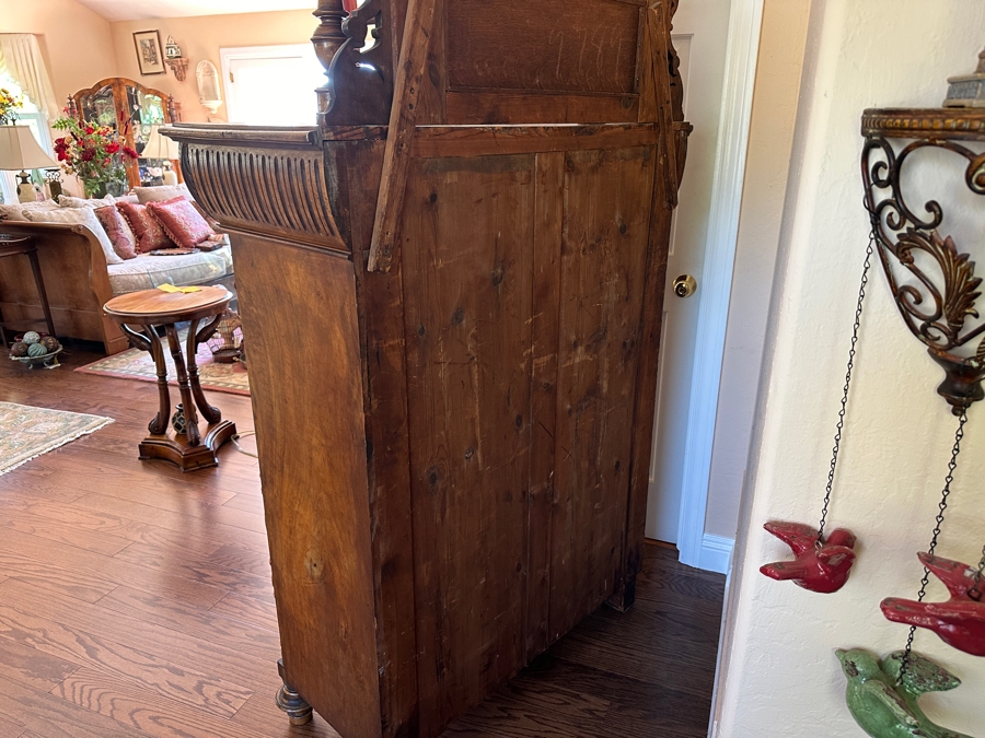 Stunning Antique Victorian Carved Wooden Vertico Cabinet With Three Embossed Copper Portrait Medallions Decorations 43W X 19D X 66.5H [Photo 18]