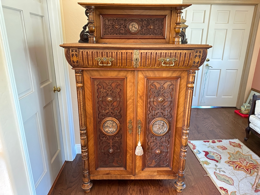 Stunning Antique Victorian Carved Wooden Vertico Cabinet With Three Embossed Copper Portrait Medallions Decorations 43W X 19D X 66.5H [Photo 5]