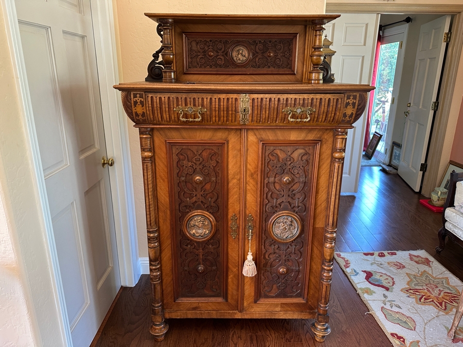 Stunning Antique Victorian Carved Wooden Vertico Cabinet With Three Embossed Copper Portrait Medallions Decorations 43W X 19D X 66.5H [Photo 6]
