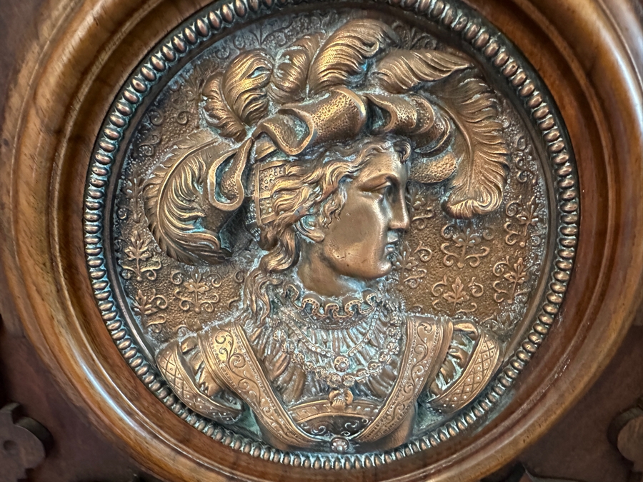 Stunning Antique Victorian Carved Wooden Vertico Cabinet With Three Embossed Copper Portrait Medallions Decorations 43W X 19D X 66.5H [Photo 11]