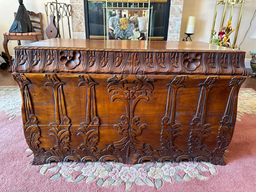 Vintage Beautifully Carved Wooden Chest With Removable Tray 31W X 15D X 19H [Photo 2]