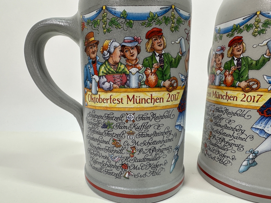 Pair Of Limited Edition Official Munich Oktoberfest 2017 Lola Montez Salt Glaze Ceramic German Beer Mugs Wirtekrug 2017 7.5H 1L Retails $180 [Photo 3]