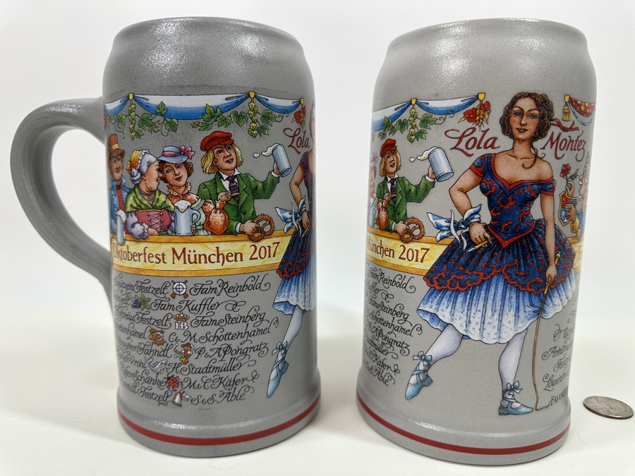Pair Of Limited Edition Official Munich Oktoberfest 2017 Lola Montez Salt Glaze Ceramic German Beer Mugs Wirtekrug 2017 7.5H 1L Retails $180 [Photo 2]