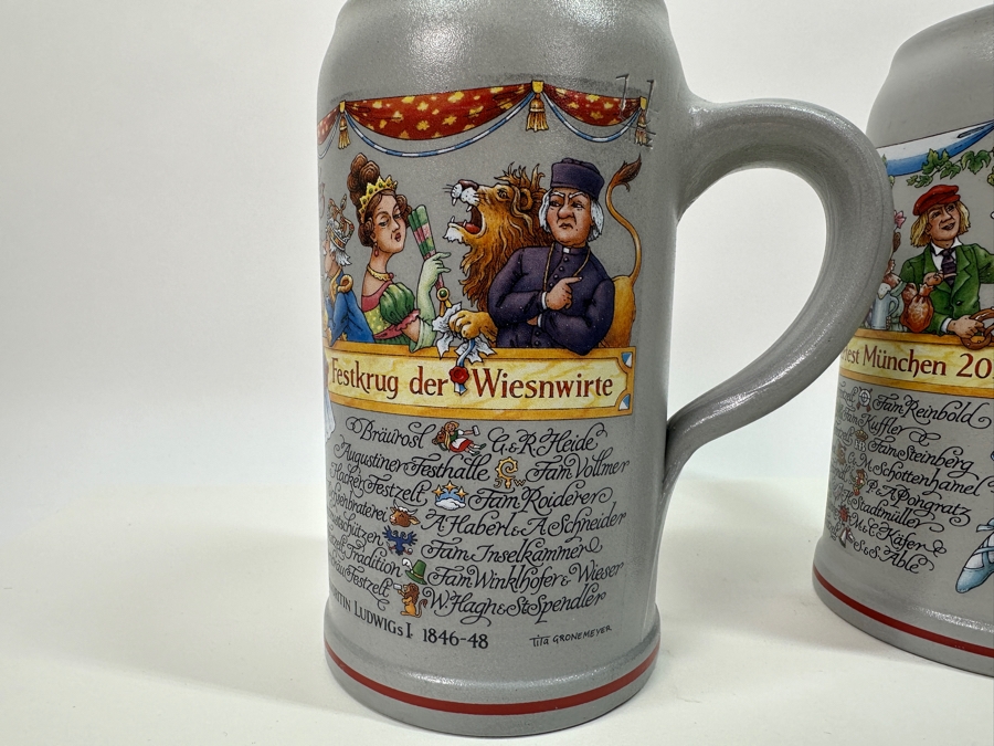Pair Of Limited Edition Official Munich Oktoberfest 2017 Lola Montez Salt Glaze Ceramic German Beer Mugs Wirtekrug 2017 7.5H 1L Retails $180 [Photo 5]