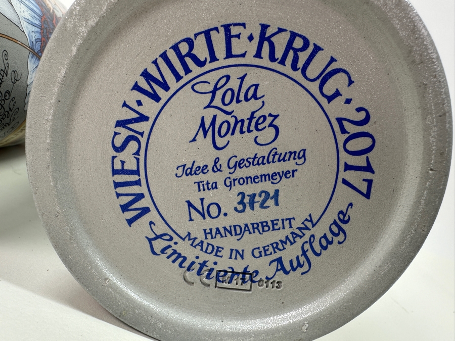 Pair Of Limited Edition Official Munich Oktoberfest 2017 Lola Montez Salt Glaze Ceramic German Beer Mugs Wirtekrug 2017 7.5H 1L Retails $180 [Photo 8]