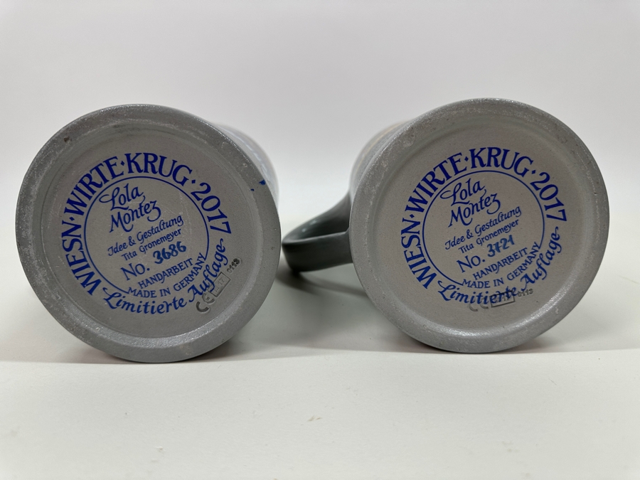 Pair Of Limited Edition Official Munich Oktoberfest 2017 Lola Montez Salt Glaze Ceramic German Beer Mugs Wirtekrug 2017 7.5H 1L Retails $180 [Photo 7]