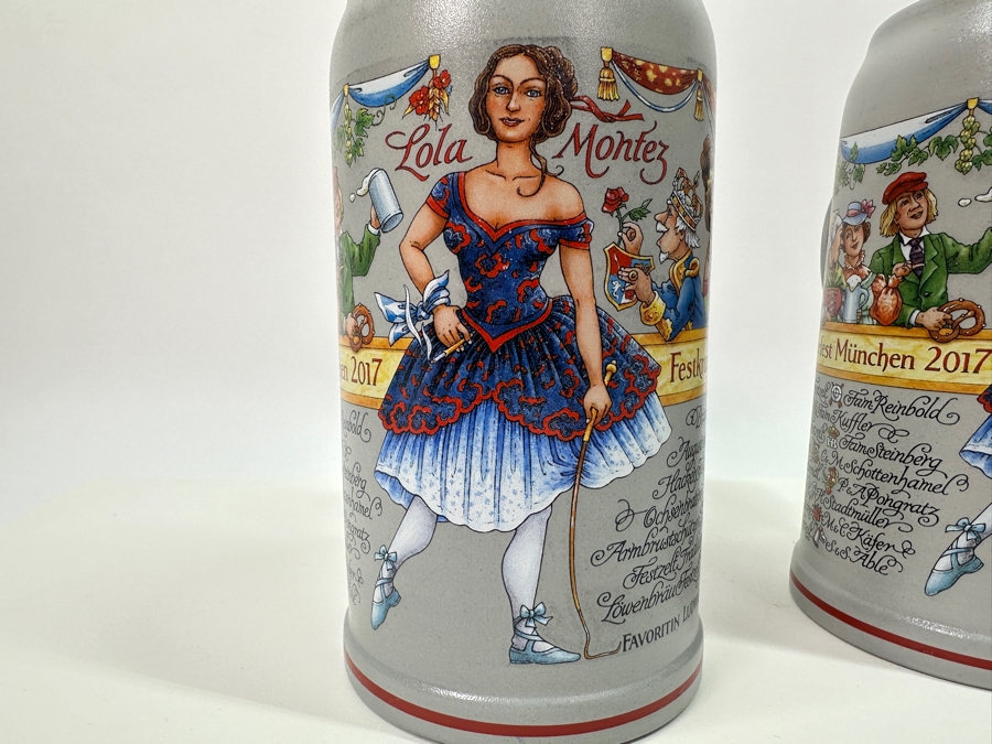 Pair Of Limited Edition Official Munich Oktoberfest 2017 Lola Montez Salt Glaze Ceramic German Beer Mugs Wirtekrug 2017 7.5H 1L Retails $180 [Photo 4]