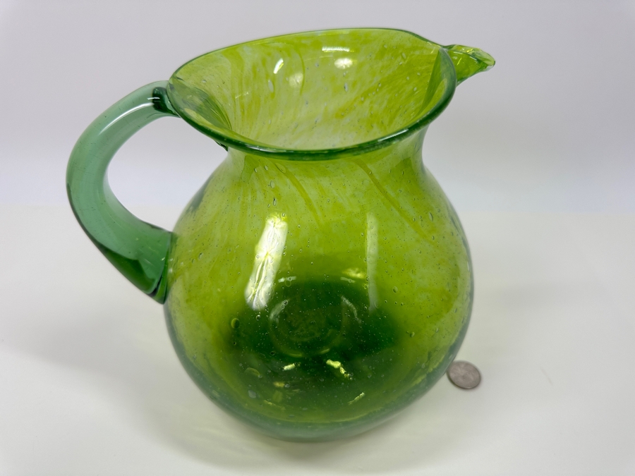Handblown Art Glass Green Glass Pitcher 9H [Photo 2]