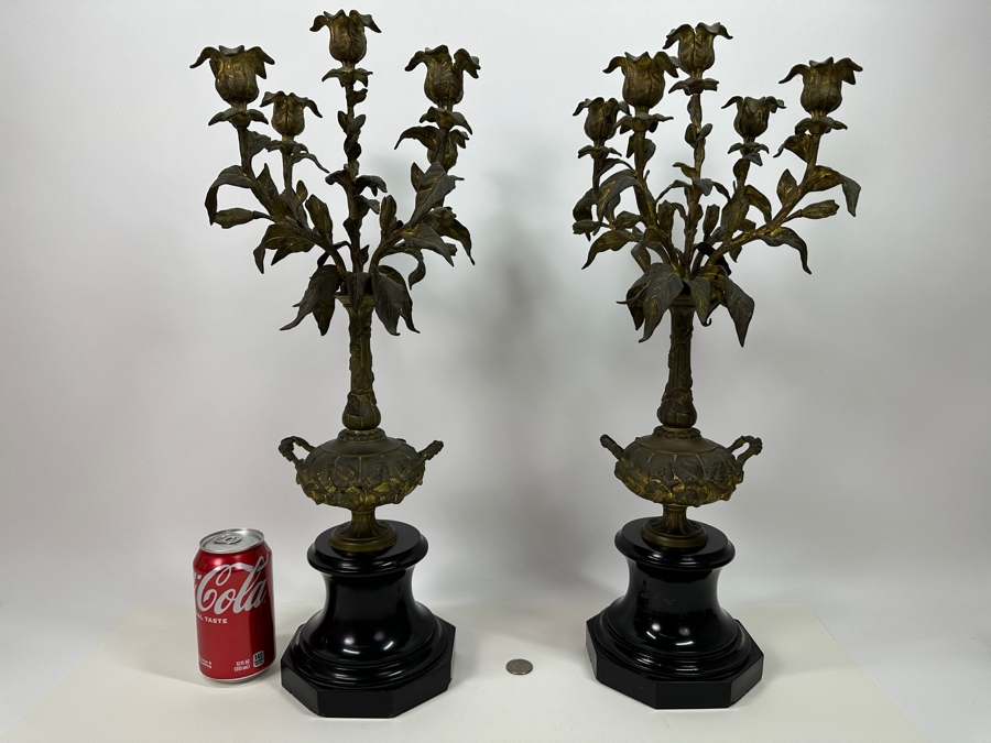 Pair of Vintage Gilt Brass Candelabra with Marble Base 22'H [Photo 2]