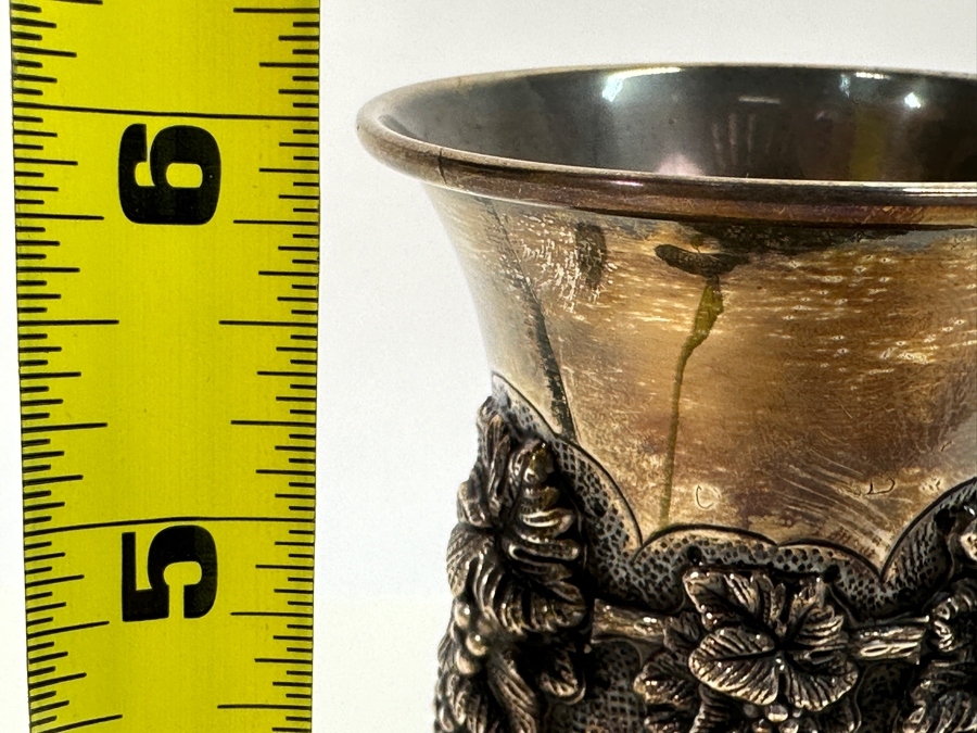 Sterling Silver Hazorfim Kiddush Set Repousse Grape Vine Motif Goblet With Sterling Silver Saucer 6H 189g [Photo 9]