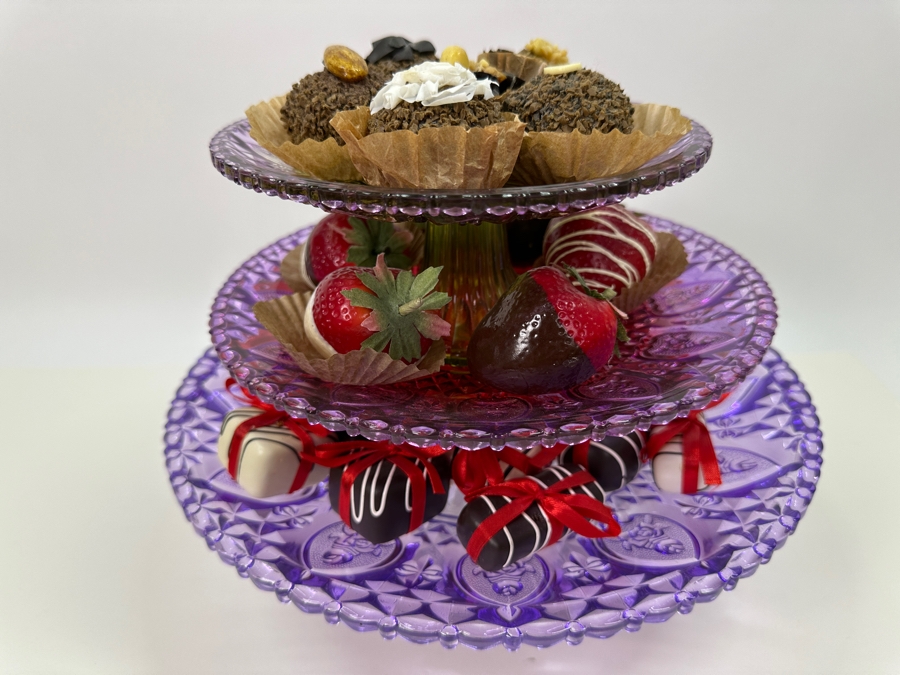 3-Tier Purple Glass Dessert Stand With Artificial Decorative Deserts / Candies 9H [Photo 2]