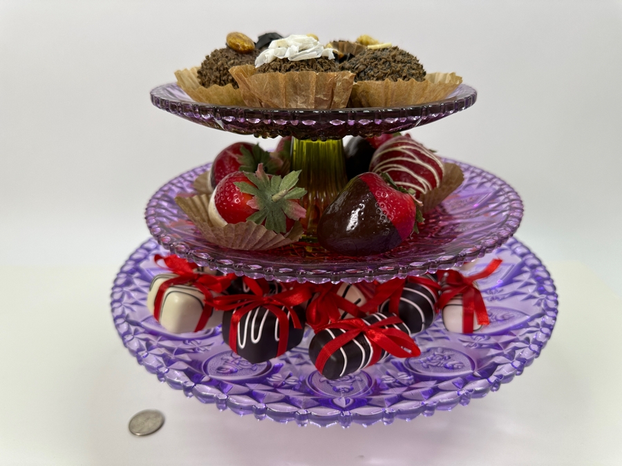 3-Tier Purple Glass Dessert Stand With Artificial Decorative Deserts / Candies 9H [Photo 3]