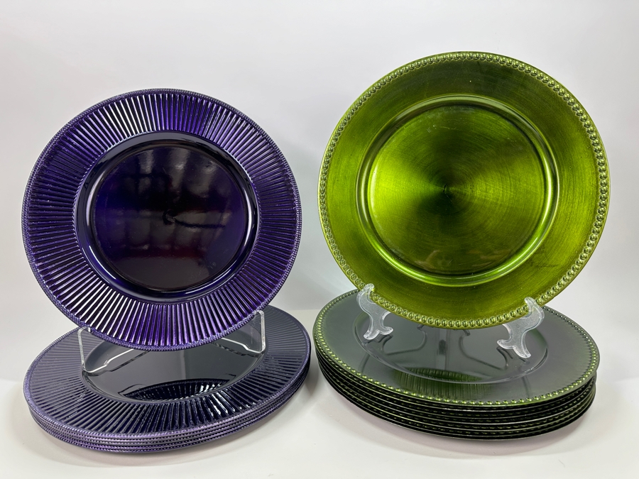 6 Z Gallerie Stella Aubergine Chargers and 8 Sur la Table Green Chargers 13'W [Photo 2]