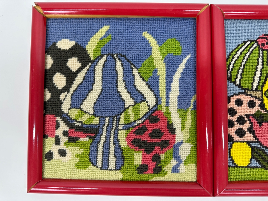 Pair Of Vintage Needlepoint Mushroom Artwork Wall Hangings 9.5 X 10 [Photo 3]