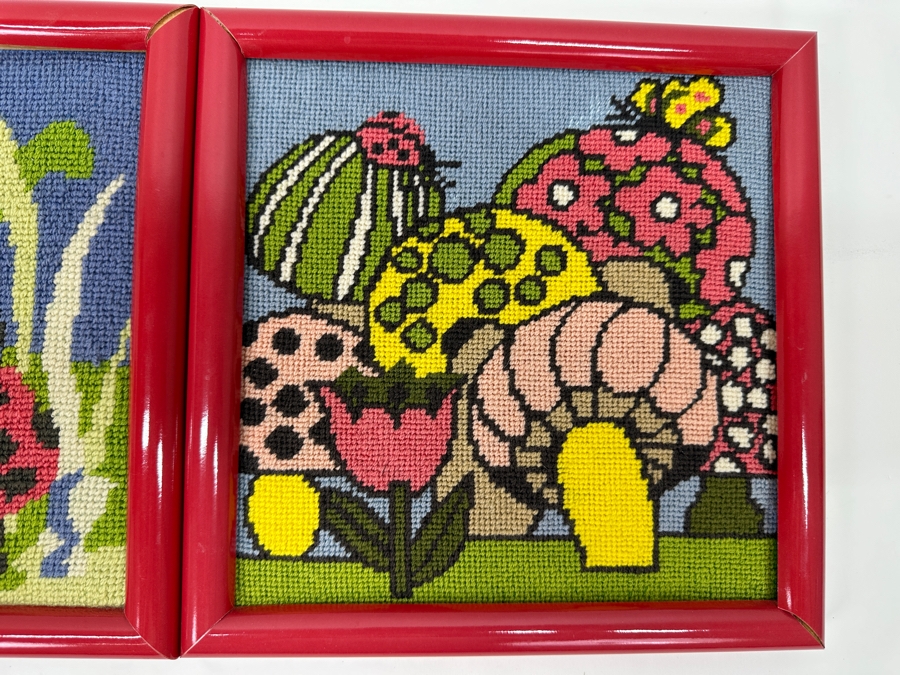Pair Of Vintage Needlepoint Mushroom Artwork Wall Hangings 9.5 X 10 [Photo 2]
