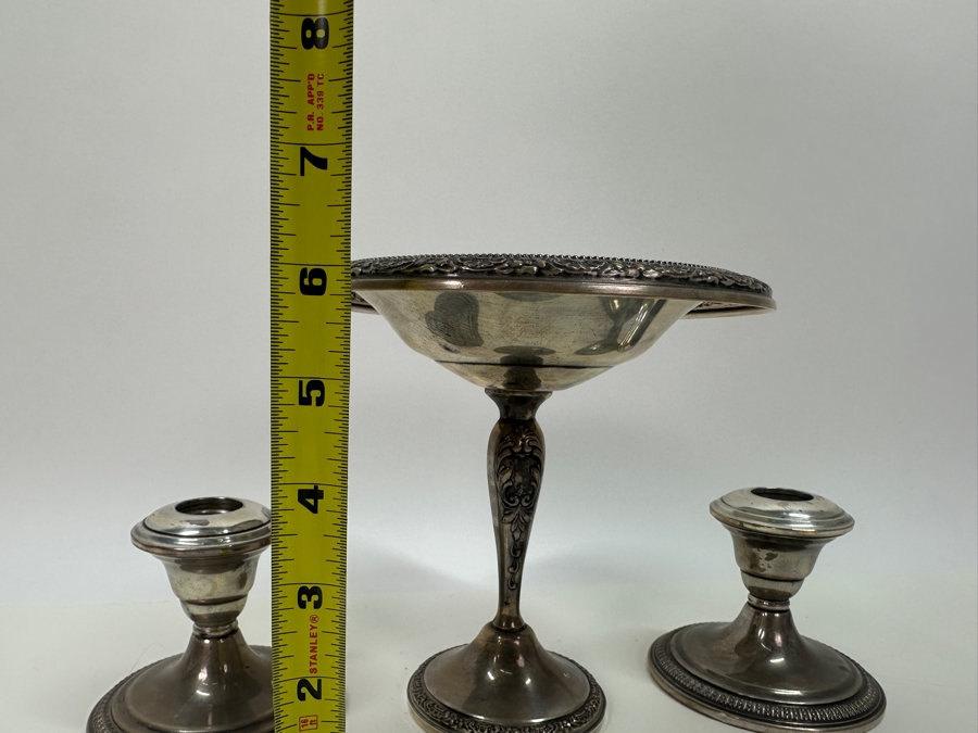 Weighted Sterling Candlesticks and Footed Dish 6'H/3.75'H [Photo 7]