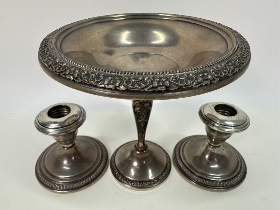 Weighted Sterling Candlesticks and Footed Dish 6'H/3.75'H [Photo 2]