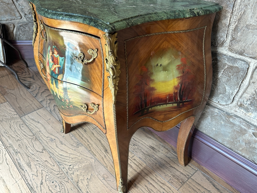 Hand Painted Serpentine Front Marble Top Chest Of Drawers 32.5W X 18.5D X 32.5H [Photo 2]
