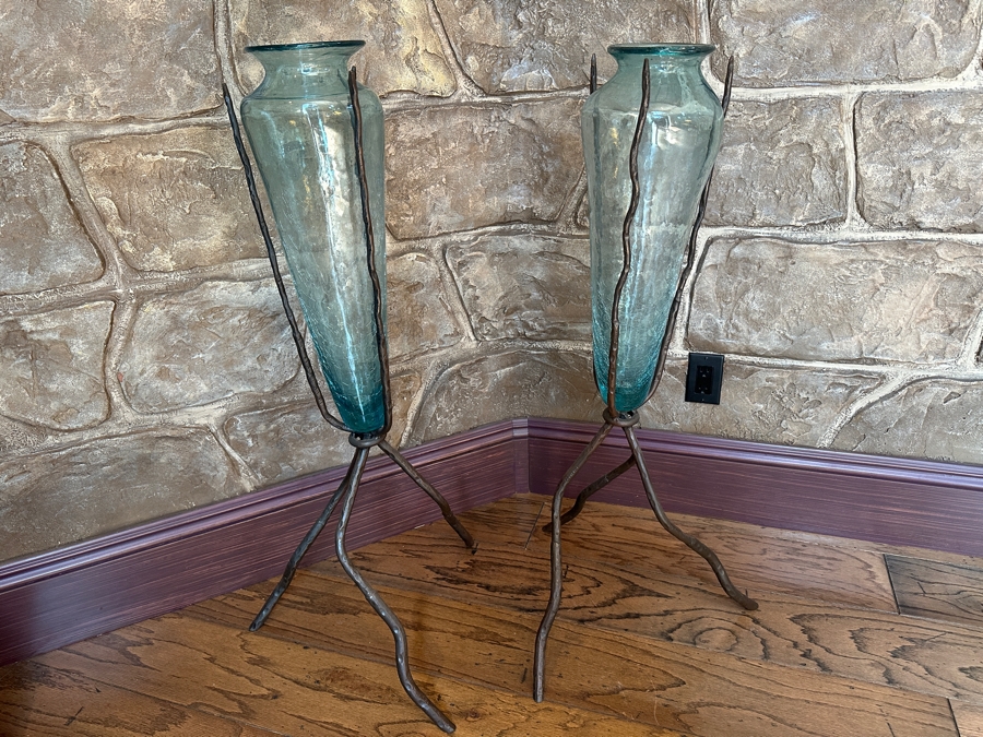 Pair Of Large Metal Sculptural Vase Holders With Glass Vases 39H [Photo 2]