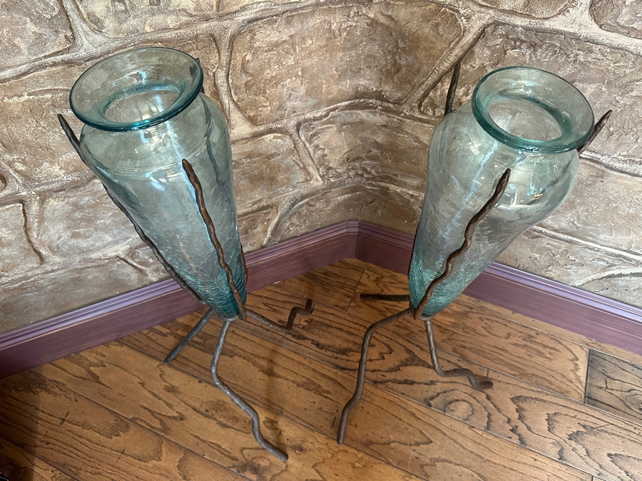 Pair Of Large Metal Sculptural Vase Holders With Glass Vases 39H [Photo 4]