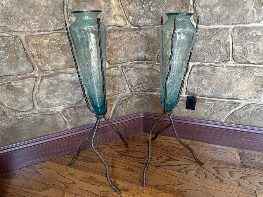 Pair Of Large Metal Sculptural Vase Holders With Glass Vases 39H [Photo 1]
