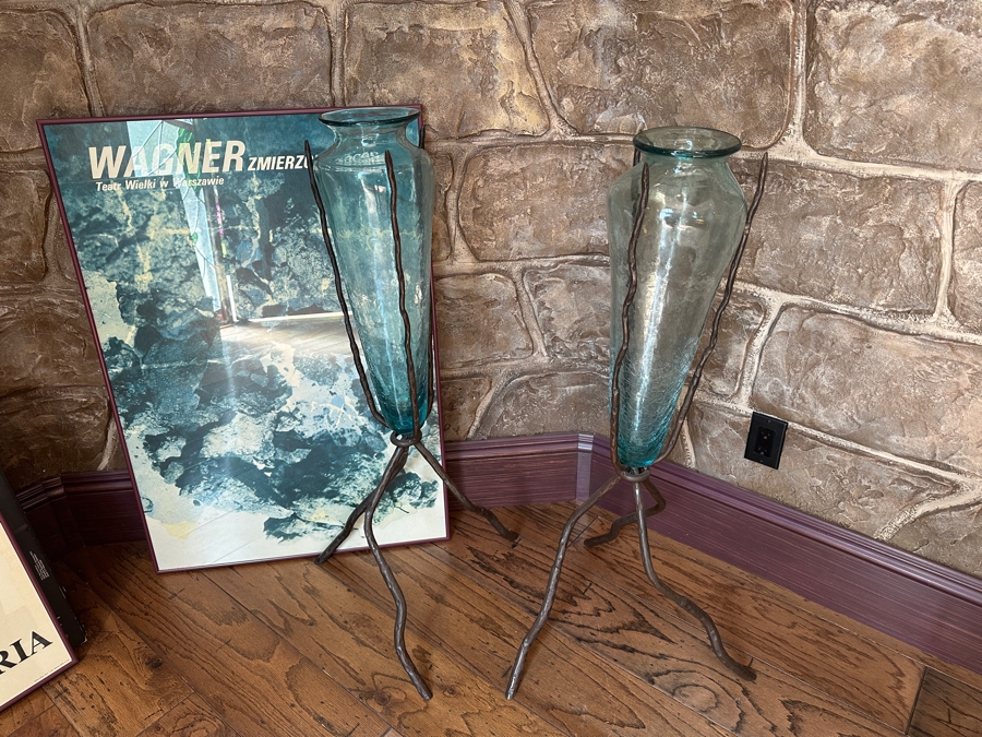 Pair Of Large Metal Sculptural Vase Holders With Glass Vases 39H [Photo 5]