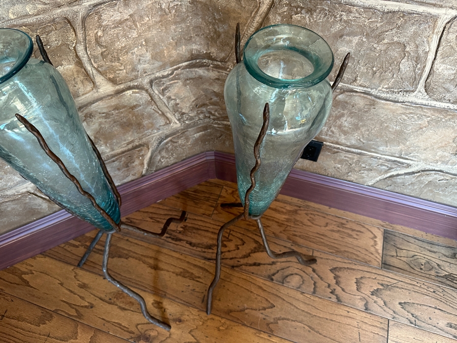Pair Of Large Metal Sculptural Vase Holders With Glass Vases 39H [Photo 3]