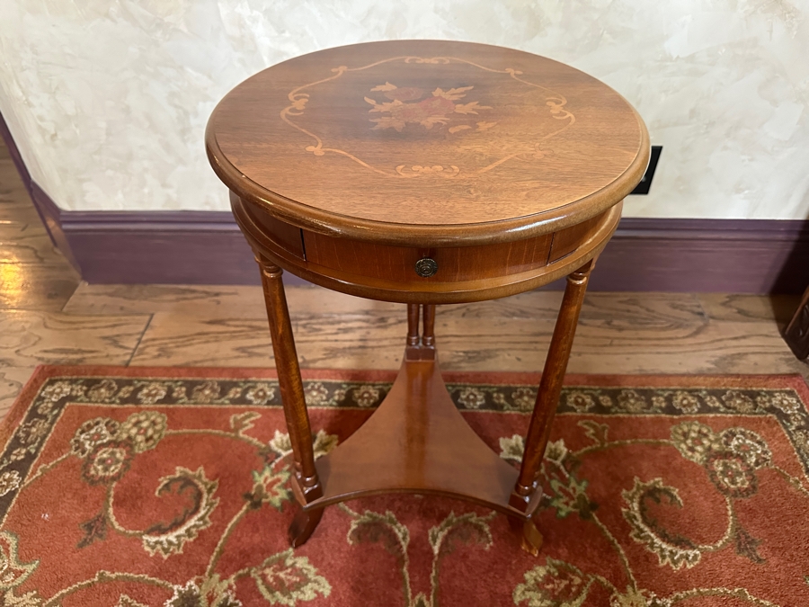 Inlaid Wooden Italian Marquetry Side Table with Drawer 17'W x 27'H [Photo 6]