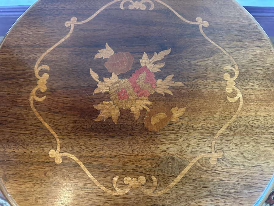 Inlaid Wooden Italian Marquetry Side Table with Drawer 17'W x 27'H [Photo 4]