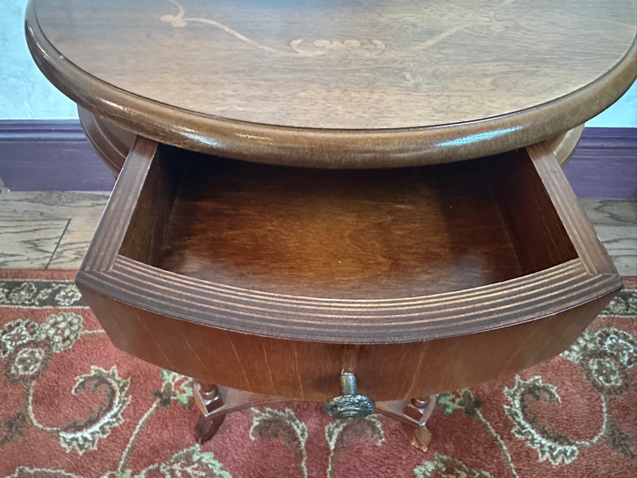 Inlaid Wooden Italian Marquetry Side Table with Drawer 17'W x 27'H [Photo 5]