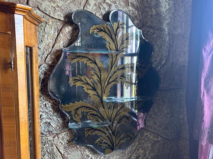 Antiqued Wall Mirror with Glass Shelving 30'W x 36'H x 5'D [Photo 1]
