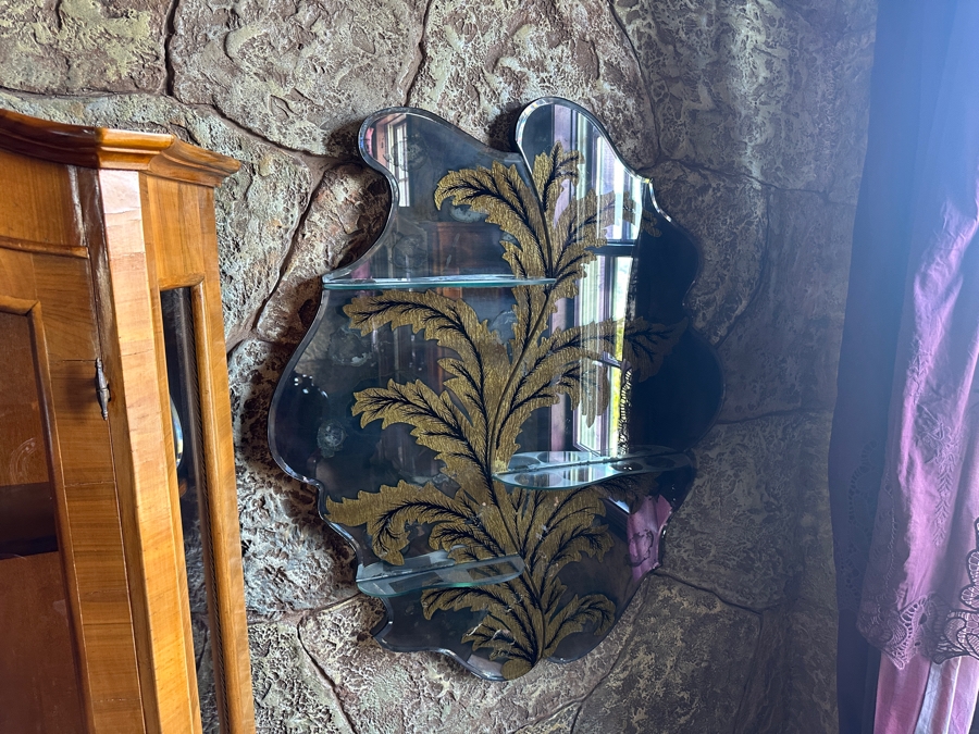 Antiqued Wall Mirror with Glass Shelving 30'W x 36'H x 5'D [Photo 2]