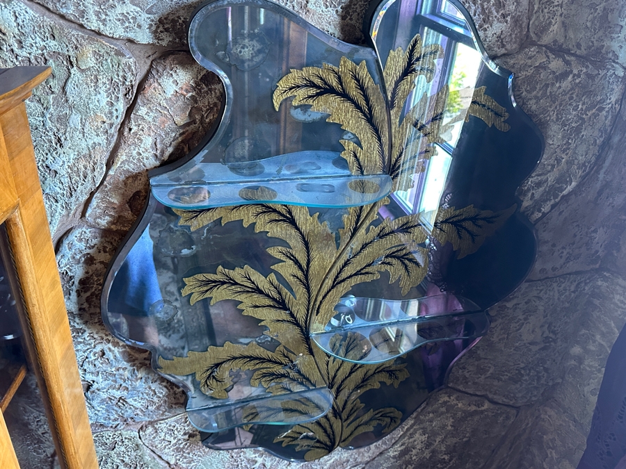 Antiqued Wall Mirror with Glass Shelving 30'W x 36'H x 5'D [Photo 3]