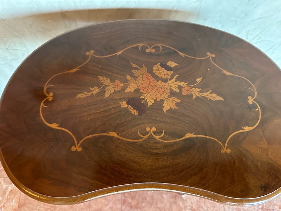 Kidney Shaped Marquetry Topped Side Table with Drawer 22'W x 15'D x 27'H [Photo 3]