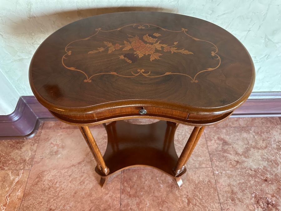Kidney Shaped Marquetry Topped Side Table with Drawer 22'W x 15'D x 27'H [Photo 2]