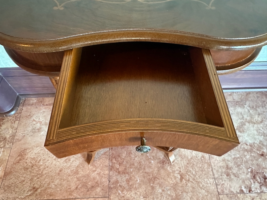 Kidney Shaped Marquetry Topped Side Table with Drawer 22'W x 15'D x 27'H [Photo 4]