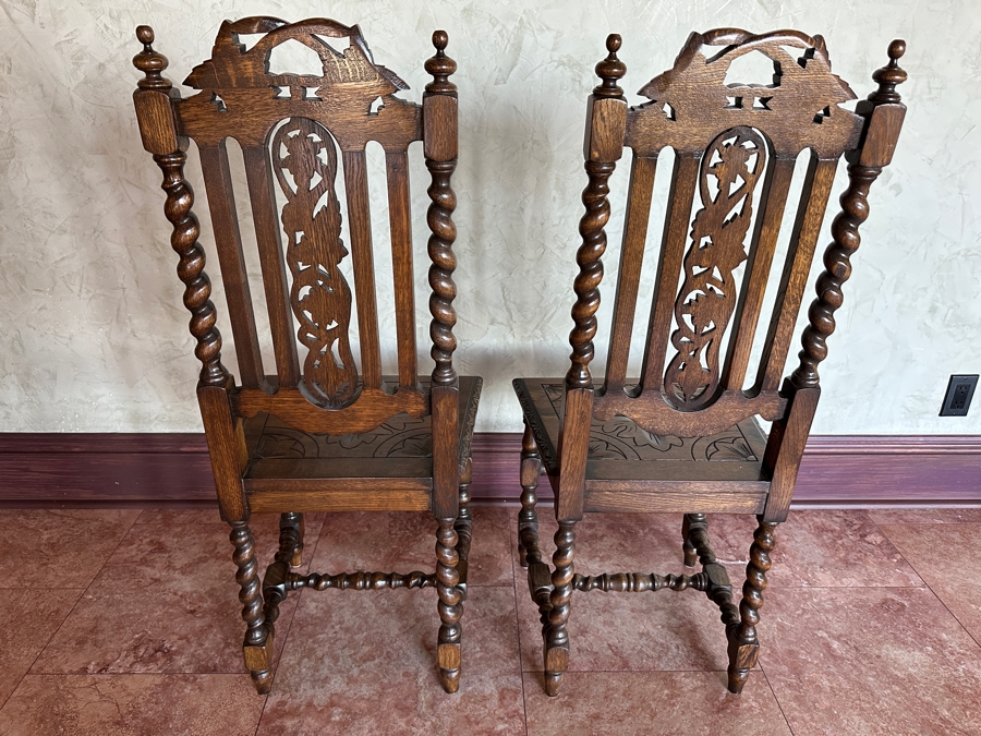 (2) Carved Wooden Jacobean Style Hall Chairs [Photo 8]