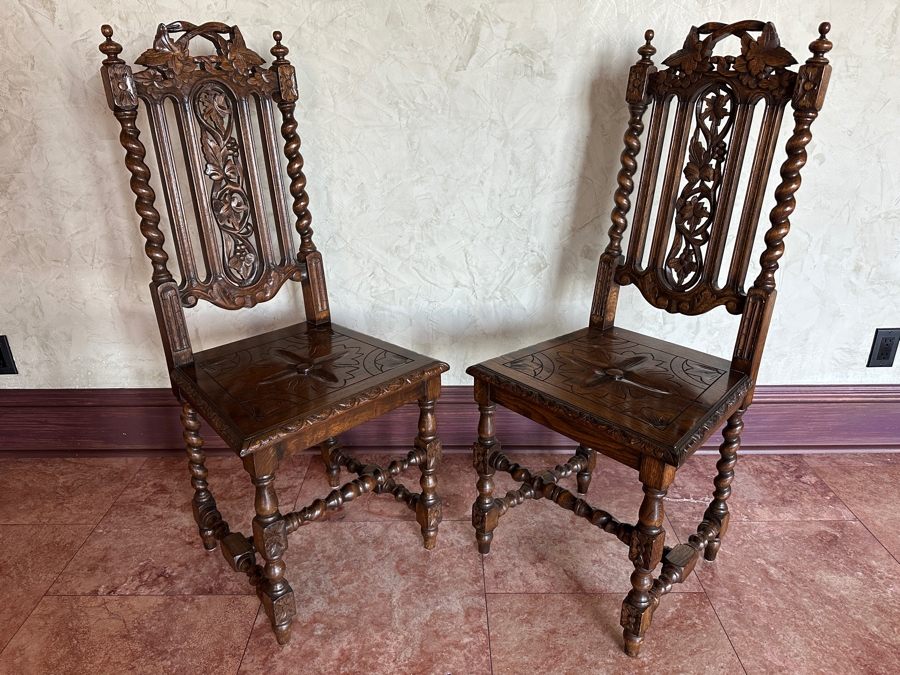 (2) Carved Wooden Jacobean Style Hall Chairs [Photo 7]