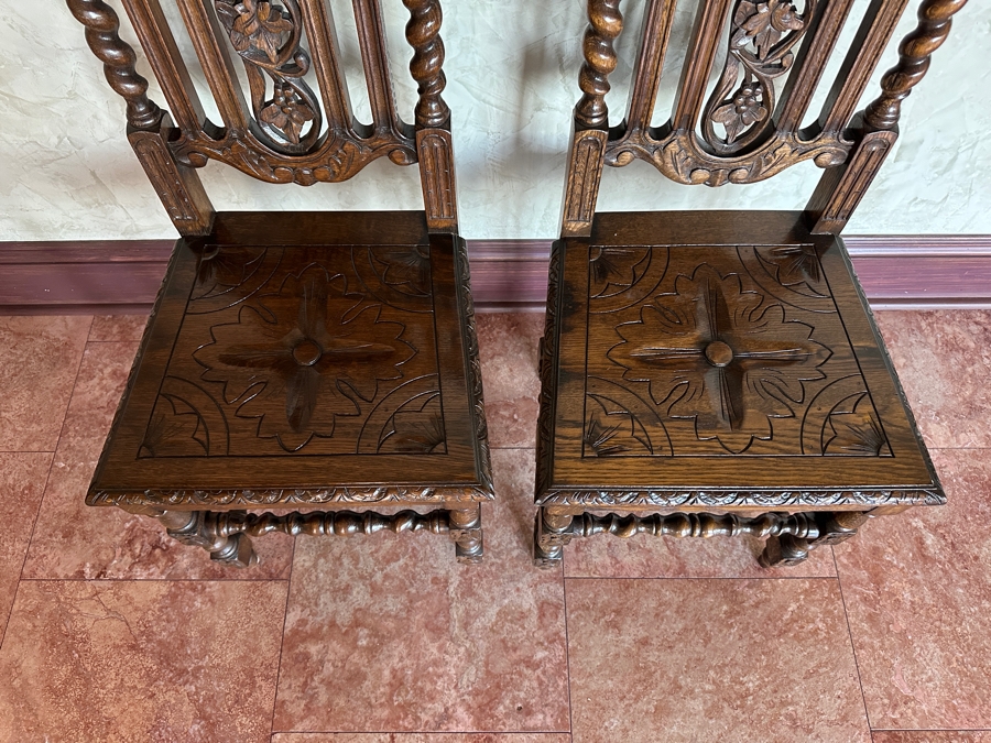 (2) Carved Wooden Jacobean Style Hall Chairs [Photo 2]
