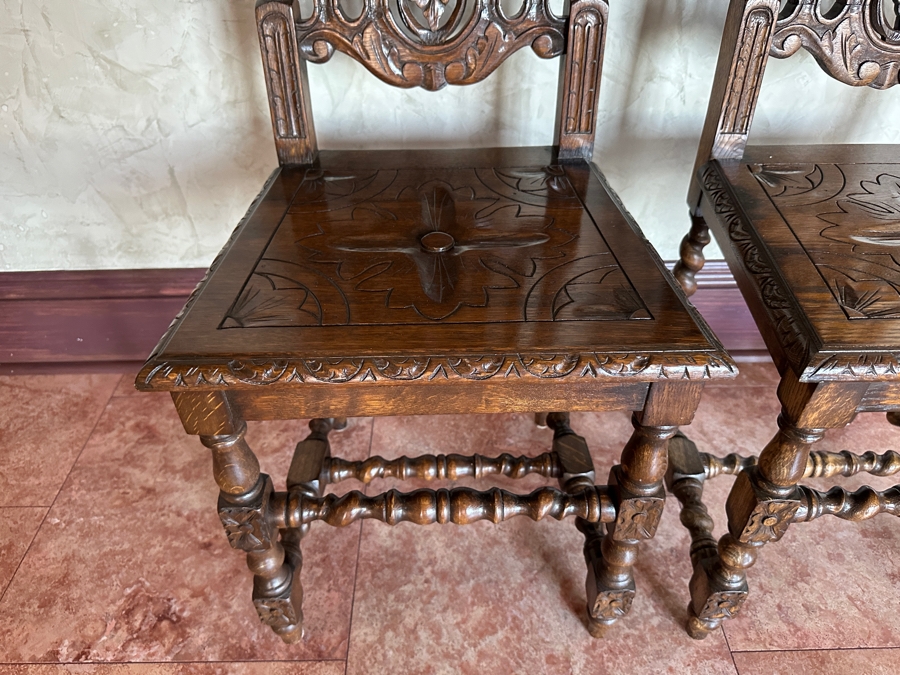 (2) Carved Wooden Jacobean Style Hall Chairs [Photo 6]