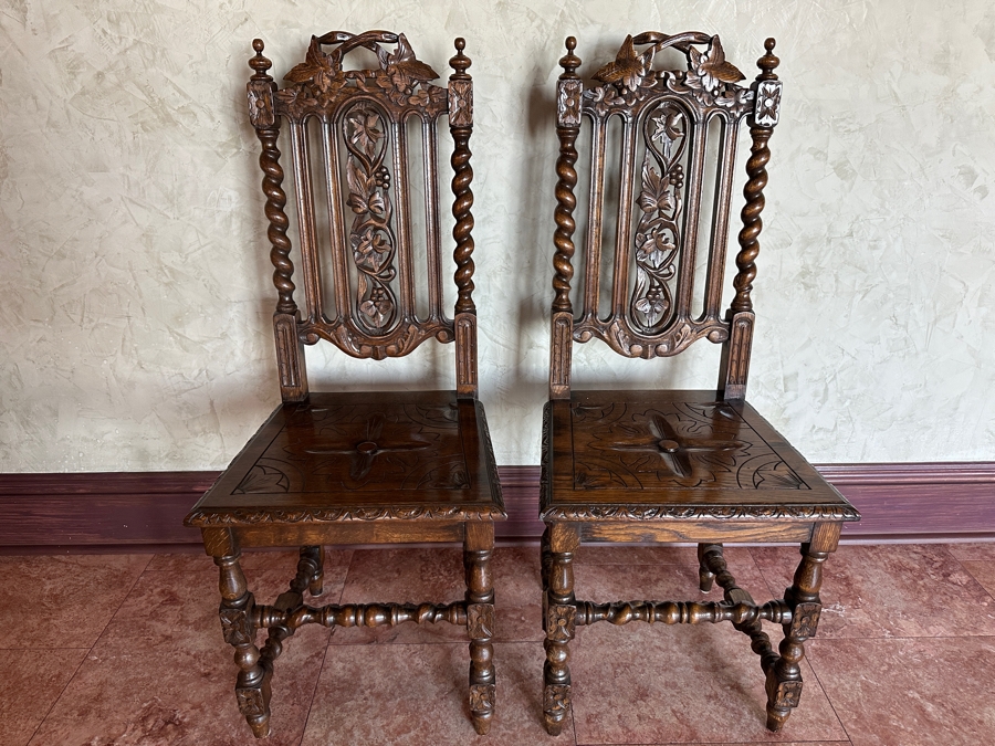 (2) Carved Wooden Jacobean Style Hall Chairs