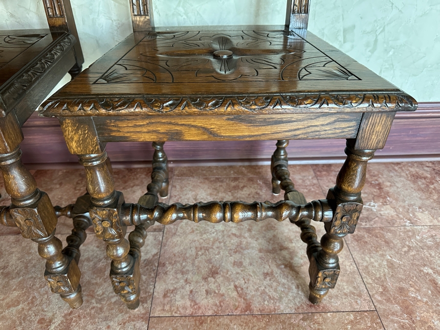 (2) Carved Wooden Jacobean Style Hall Chairs [Photo 5]