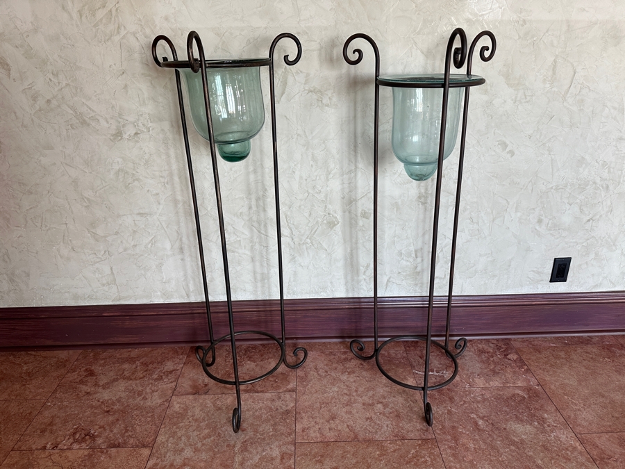 Freestanding Wrought Iron Plant Stands with Glass Vases 43'H/45'H