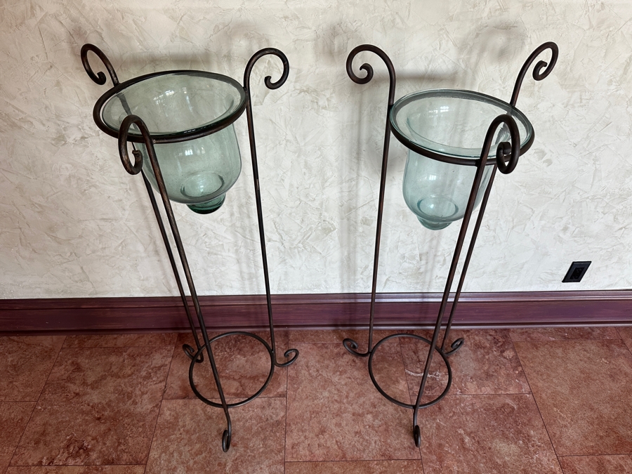 Freestanding Wrought Iron Plant Stands with Glass Vases 43'H/45'H [Photo 2]